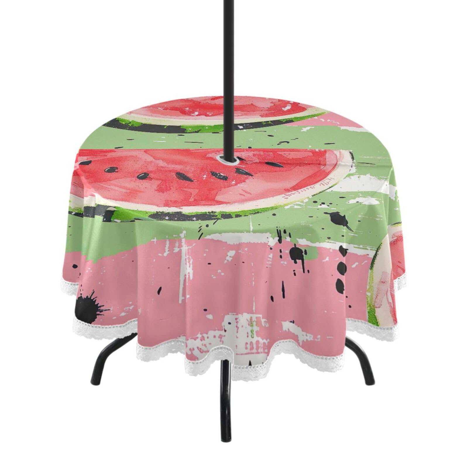 Wajiw 60 Inch Indoor Outdoor Round Tablecloth with Umbrella Hole and Zipper Waterproof Patio Table Cover for Camping Dining Room Party Outdoor Picnic,Watermelon