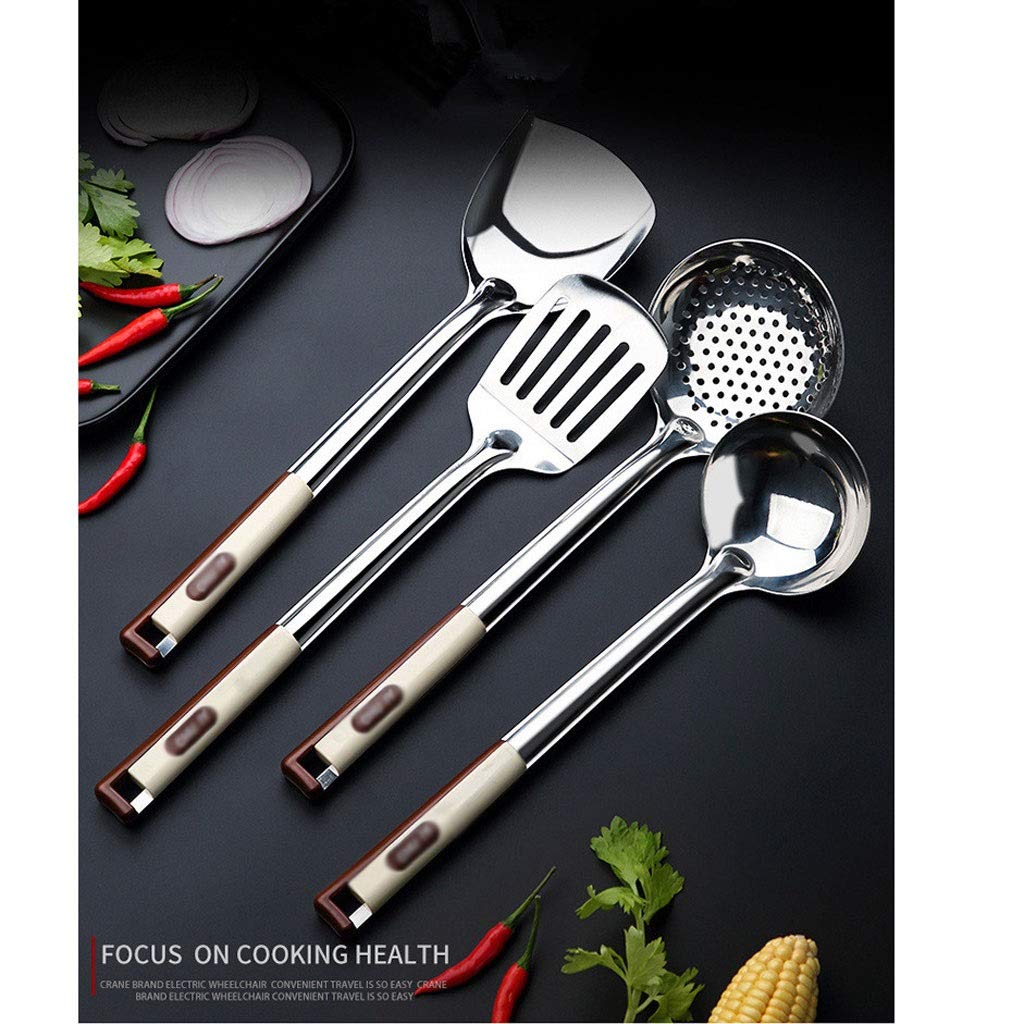 SKUZA Juego de Utensilios de Cocina, 4 Piezas de Utensilios de Cocina de Acero Inoxidable, espátulas for Carne frita, Pala, Cuchara de Sopa, espátula ranurada, cucharones, Herramienta de Cocina