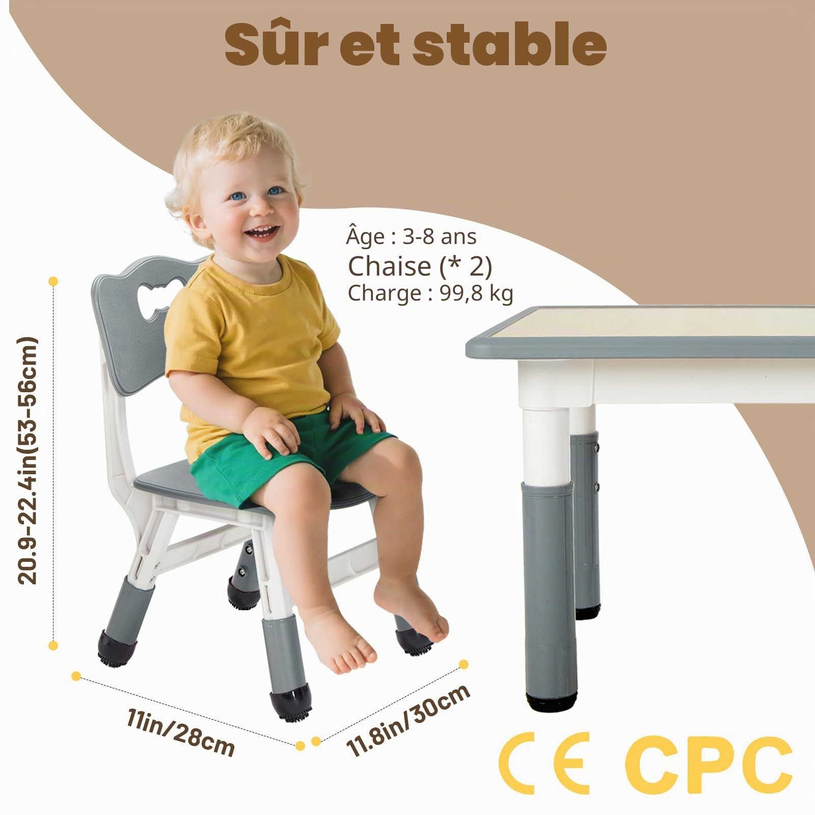 FUNLIO Chaise Enfant Réglable 2 Pièces, Chaise Bébé Hauteur 3 Niveaux 3-8 Ans Gris