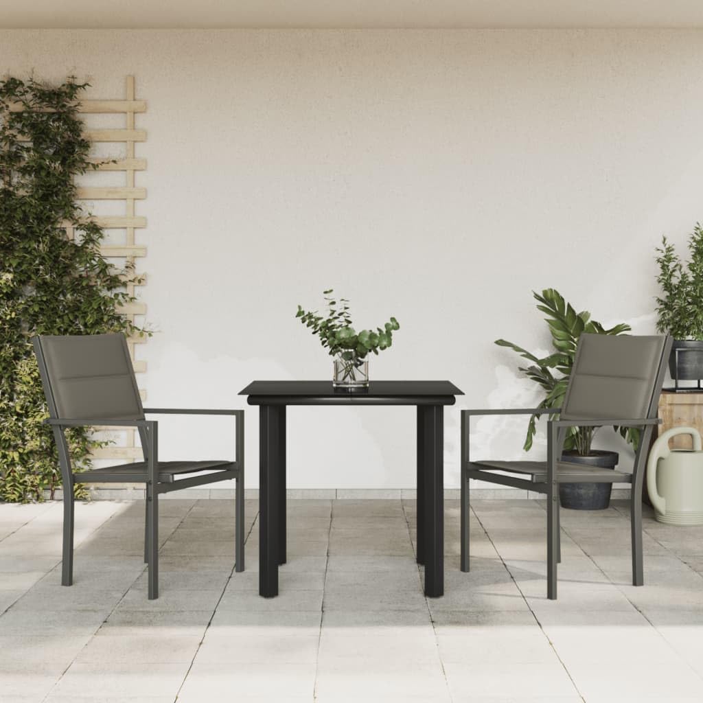 Salon de jardin 3 pièces en acier et verre trempé avec 2 chaises confortables pour balcon