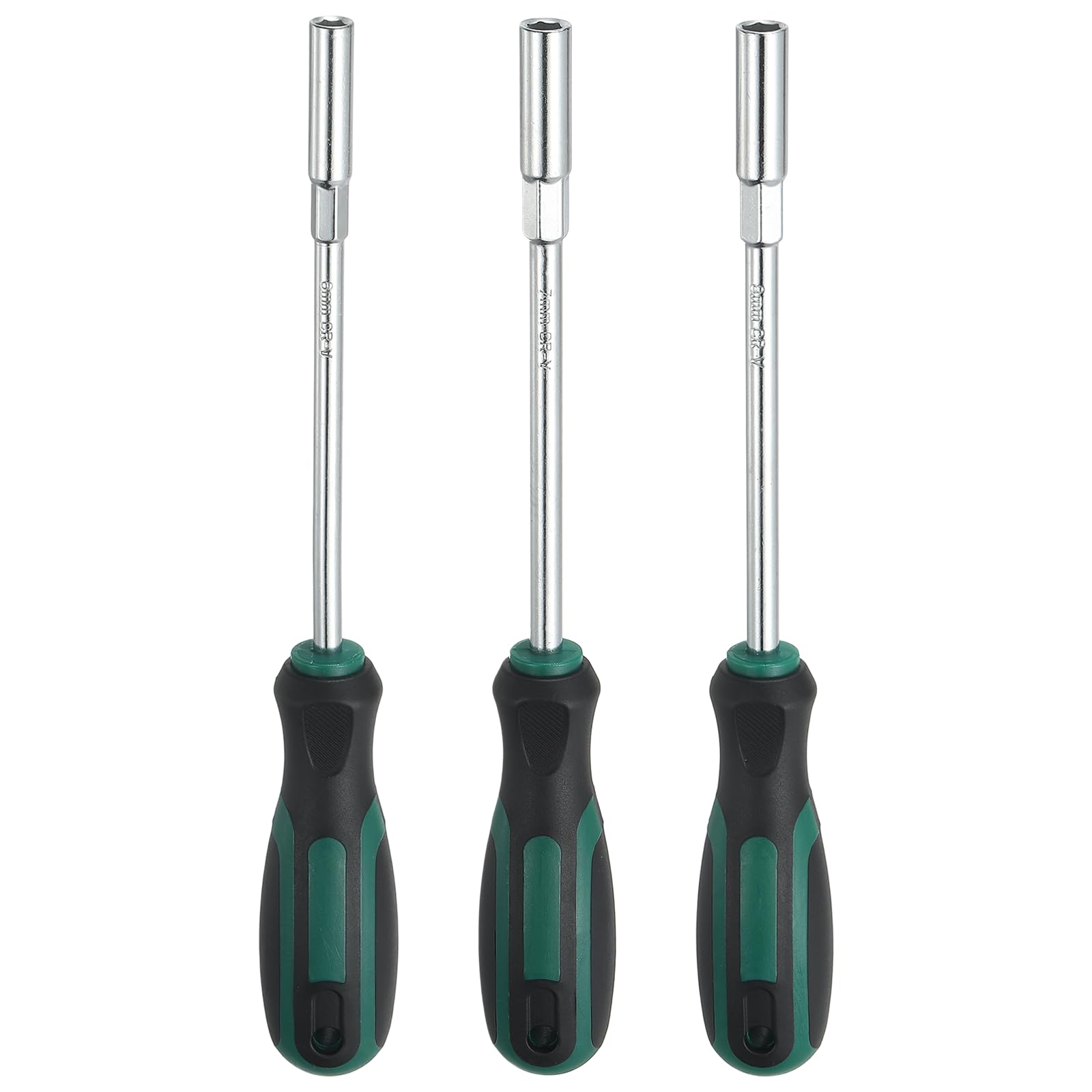 sourcing map 3 Pcs Metric Nut Driver 6mm/7mm/8mm CR-V Non-Magnetic Tip Hollow Shafts Hex Socket Screwdriver with Anti-Slip Handle for Automobile Repair Bit Driver, Green/Black
