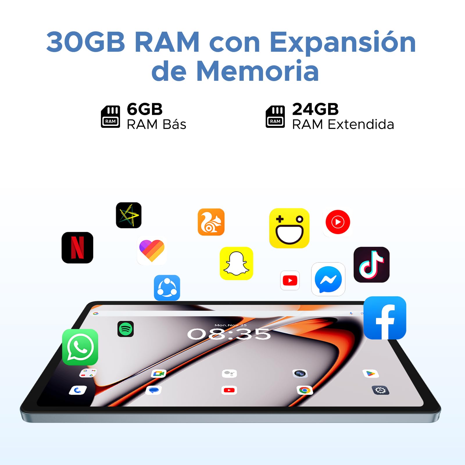 U11 Pro Android 16 Tablet 11 Pulgadas, 30GB RAM+256GB ROM+2TB TF, Unisoc T7200 Octa-Core 8580mAh Tablets, 90Hz HD Tablet Android, Gemini AI, Widevine L1, Cámara 13MP/5G WiFi/3.5mm Audio/GPS