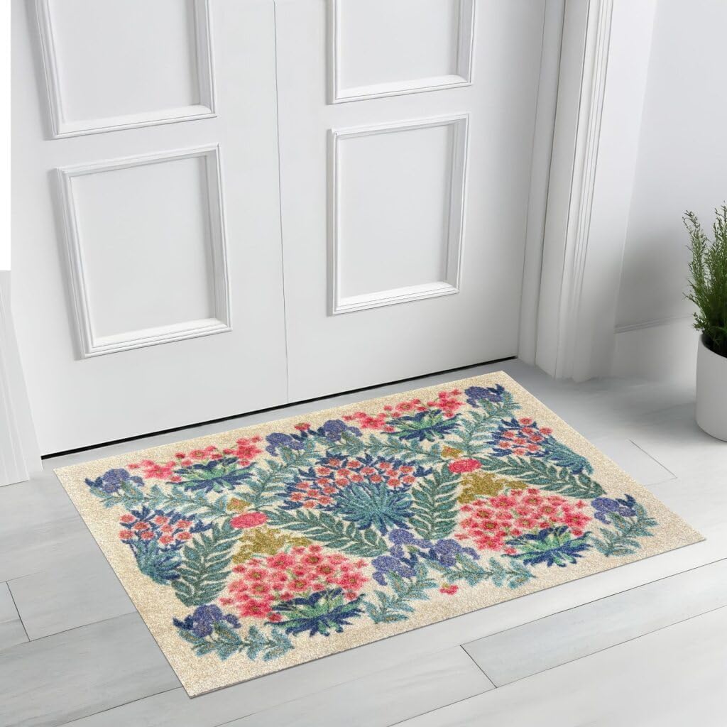Wash+Dry Lush Garden Sunrise One-Piece Washable Rug with Rubber Backing, Small Indoor Door Mat for Entryway, Kitchen, Bathroom, One-Piece Washable Non-Slip Mat, Light and Bright Floral, 20" x 27.5"