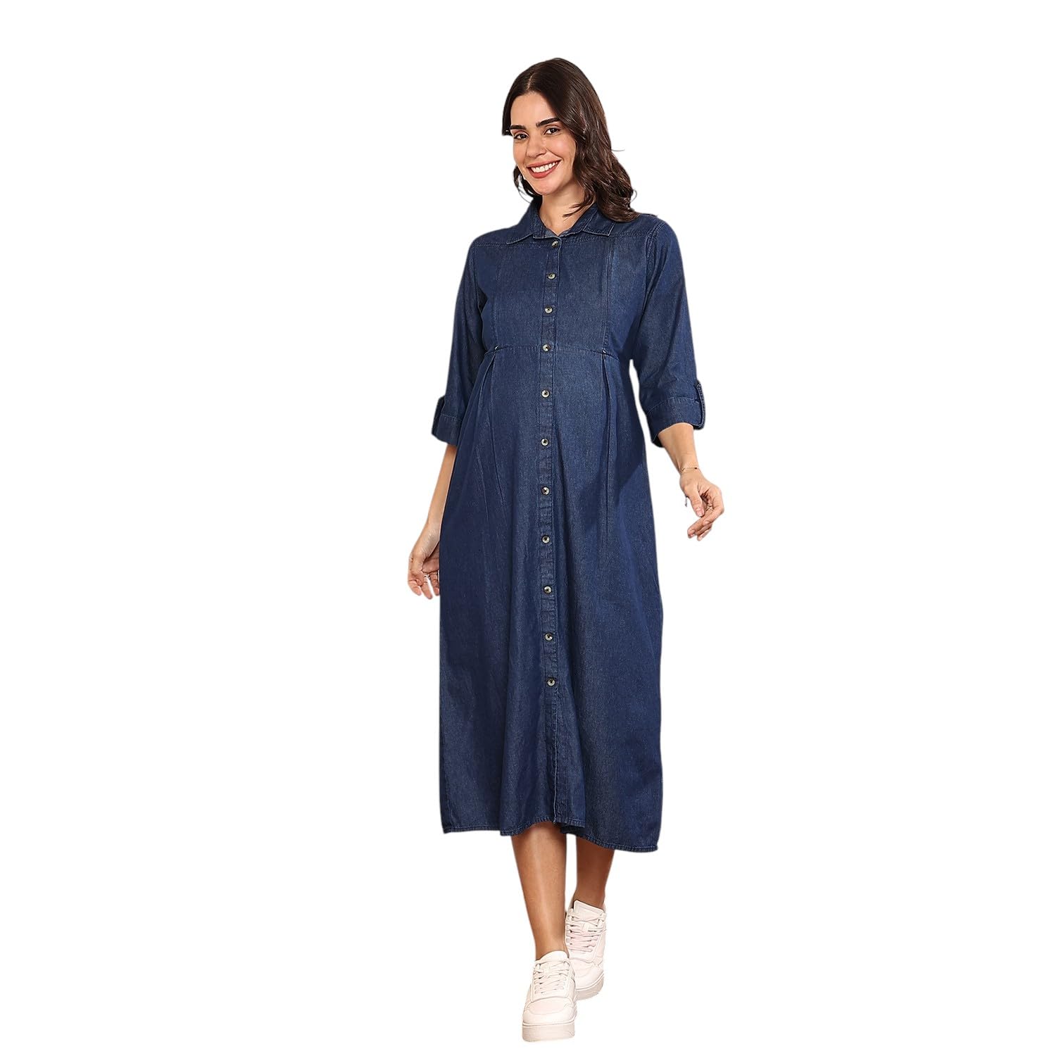 MomToBe Women's Maternity Dress Denim Cotton Feel | Calf Length Pregnancy & Feeding Dress with Zippers | Baby Shower & Nursing Gown for Women-picture-10