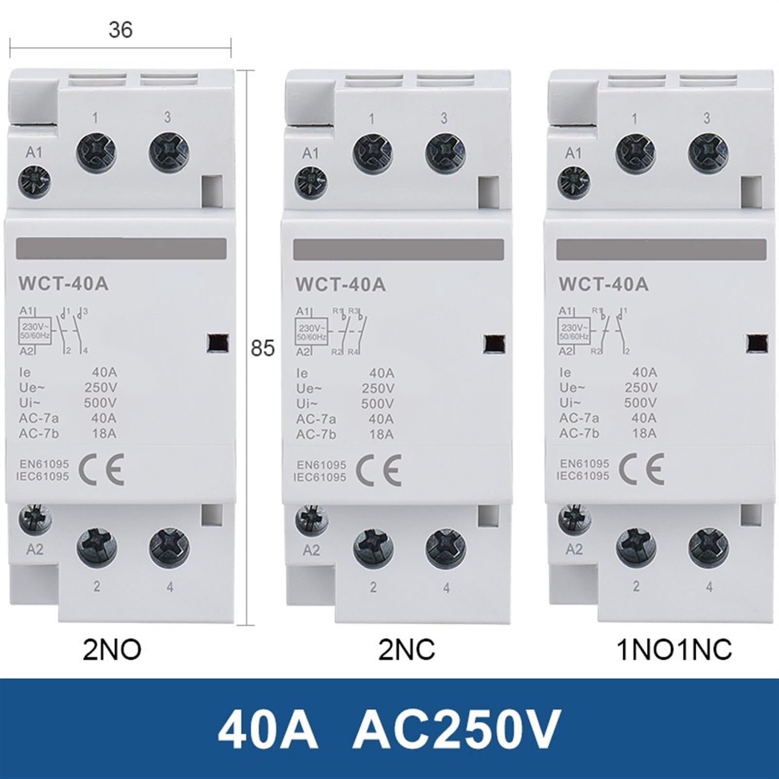 Haushalts-AC-Schütz WCT 25A 63A DIN-Schieneninstallation 2NO 2NC 1NO1NC 2NO2NC 4NO 4NC Leistungsschalter 1St(1NO1NC 25A AC220V)
