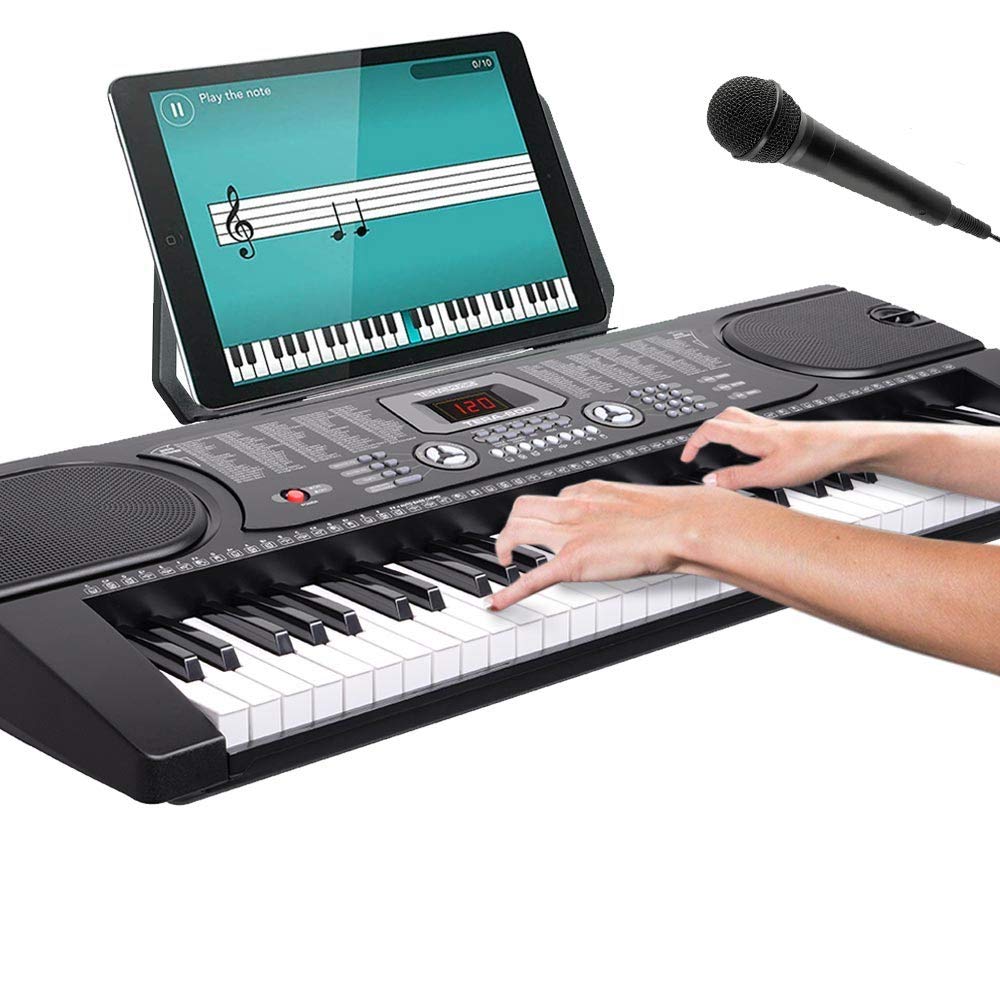 Bakaji Tastiera Musicale Pianola Elettronica 61 Tasti Pianoforte Multifunzione con 255 Ritmi 24 Brani Preimpostati Funzione Percussione Ingresso AUX Leggio Porta Spartito/Tablet e Microfono