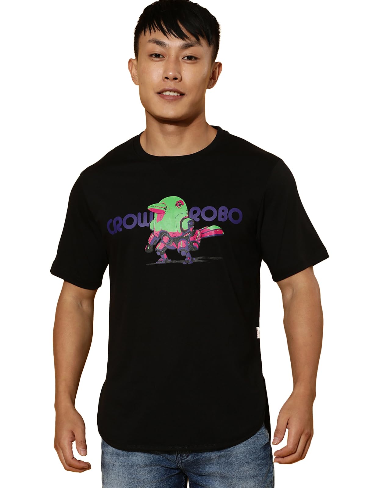 VeirdoCotton Black & Blue Regular Fit Half Sleeve Crew-Neck Printed T-Shirt for Men