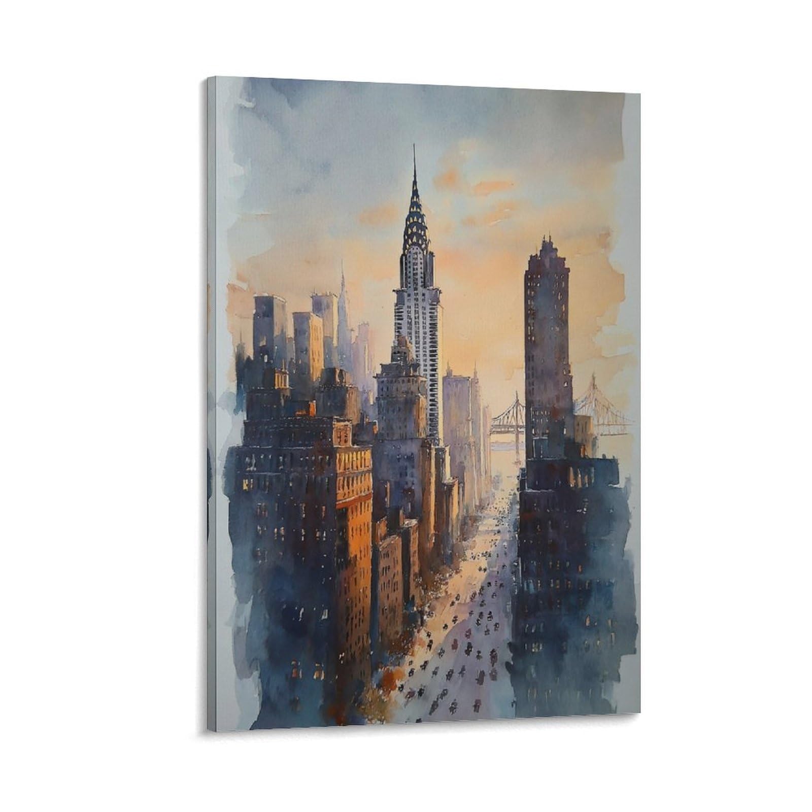 Lcynnh Frame-Style New York Skyline Watercolor Print_ Nyc Cityscape Wall 20X30inch(50X75cm) Vintage Watercolor Canvas Art