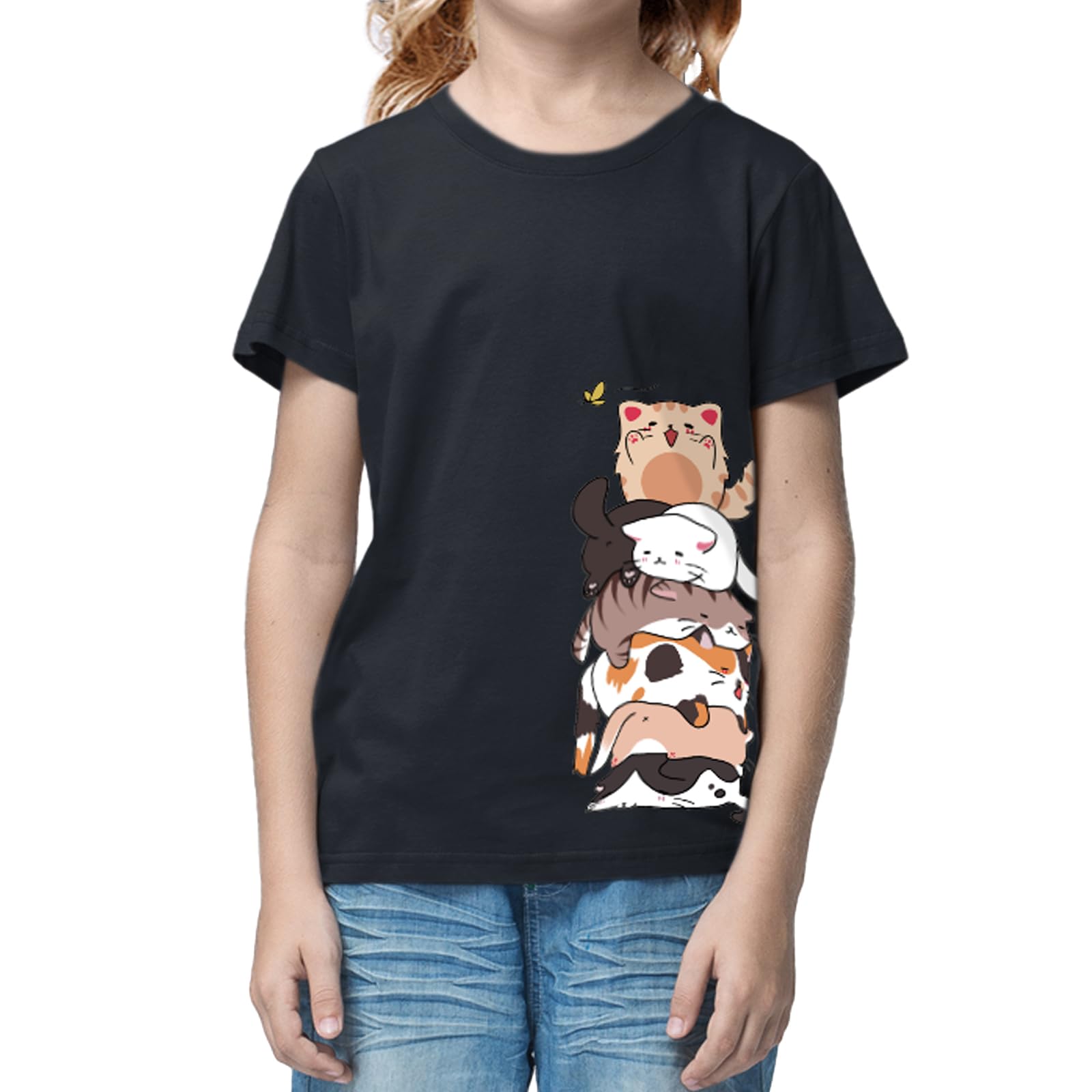 BINTEHGS Lindas camisas para niñas de manga corta con diseño de gato, cuello redondo, de dibujos animados, casual, de algodón, para verano, ropa