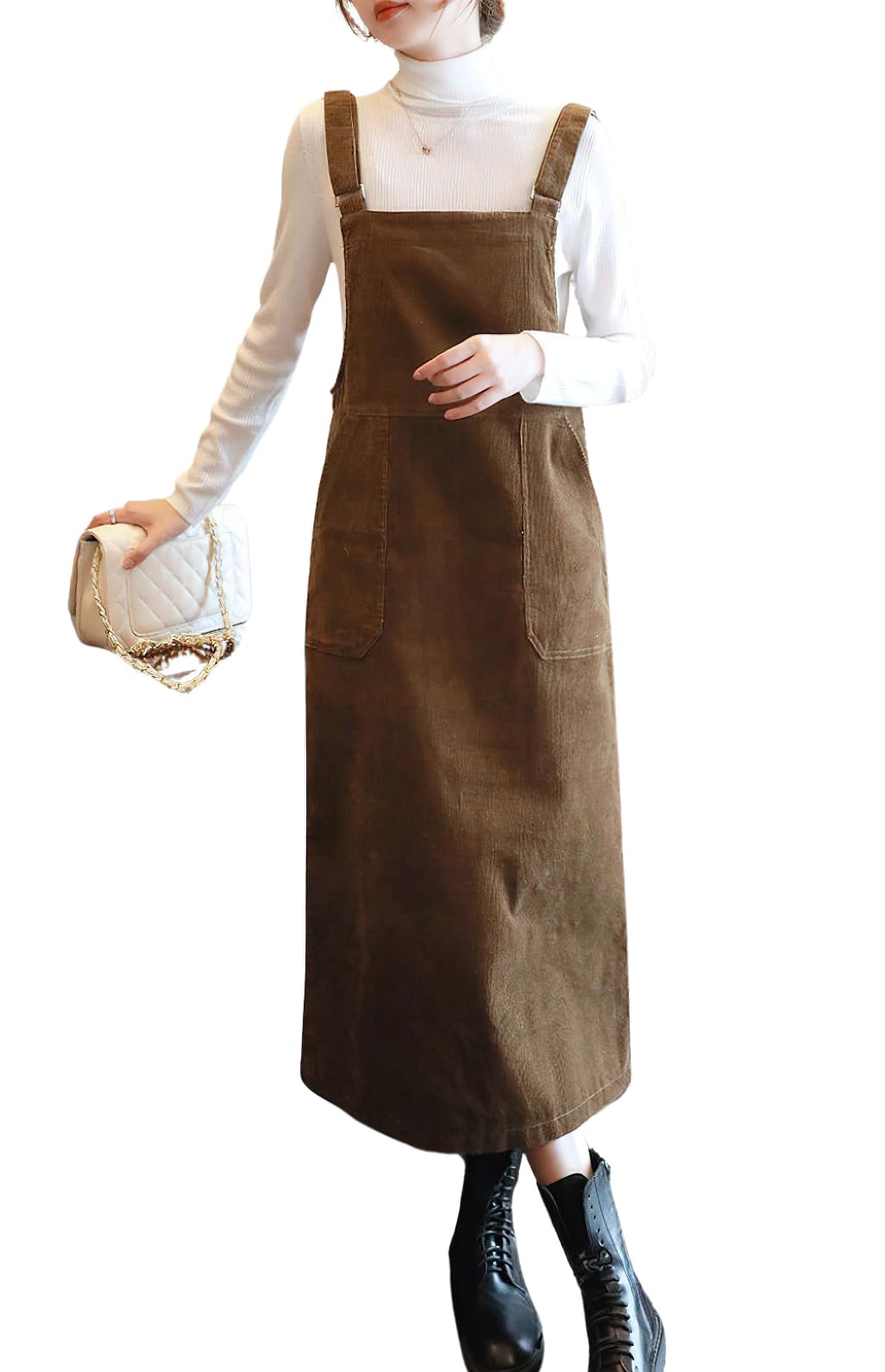 chouyatou Womens Cute Corduroy Adjustable Strap Overall Dress fringe Pinafore Baggy Maxi Long Tank Dress