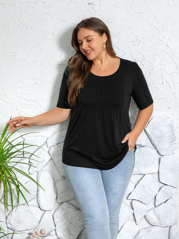 Plus Size Womens Summer Tops Puff Short Sleeve Crew Neck Pleated T Shirts Loose Dressy Casual Blouses3