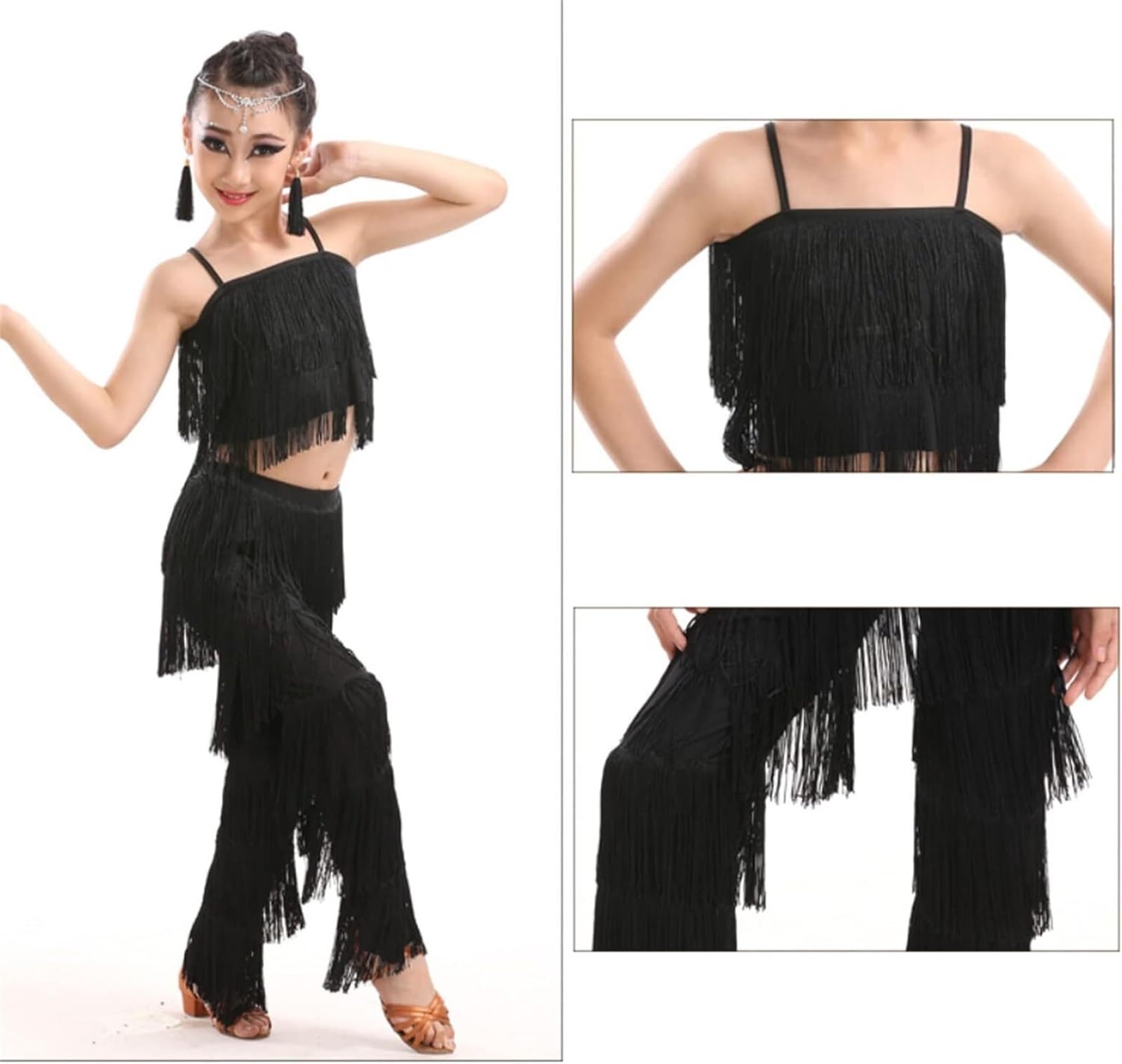 Conjunto De Baile Latino For Niñas, Pantalones De Talla Grande Con Flecos Y Borlas Y Top Sólido Con Flecos, Traje De Competición De Salsa Samba, Trajes De Práctica De Baile