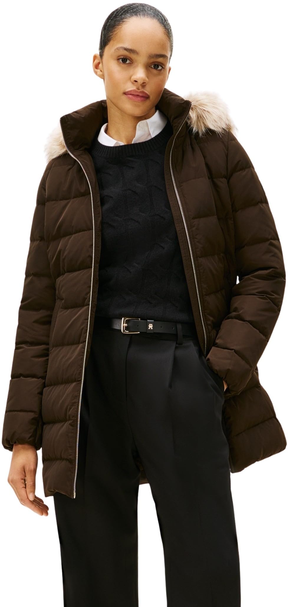 Tommy Hilfiger Women's Slim Down Coat with Faux Fur Trim, Brown (Dark Coffee), XS