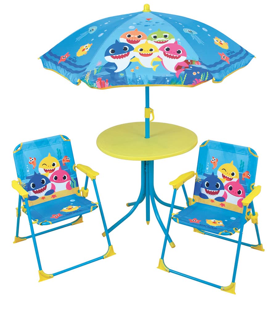 Fun House Baby Shark Salon de Jardin pour Enfant avec Une Table H.46 x Ø46 cm, Deux chaises H.53 x L.38,5 x P.37,5 cm et Un Parasol H.125 x Ø 100 cm 713462