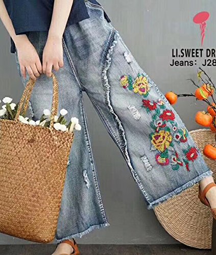 YESNO PW2 Women Casual Cropped Pants Loose Floral Jeans Ripped Fringed Embroidered Fringed Wide Leg