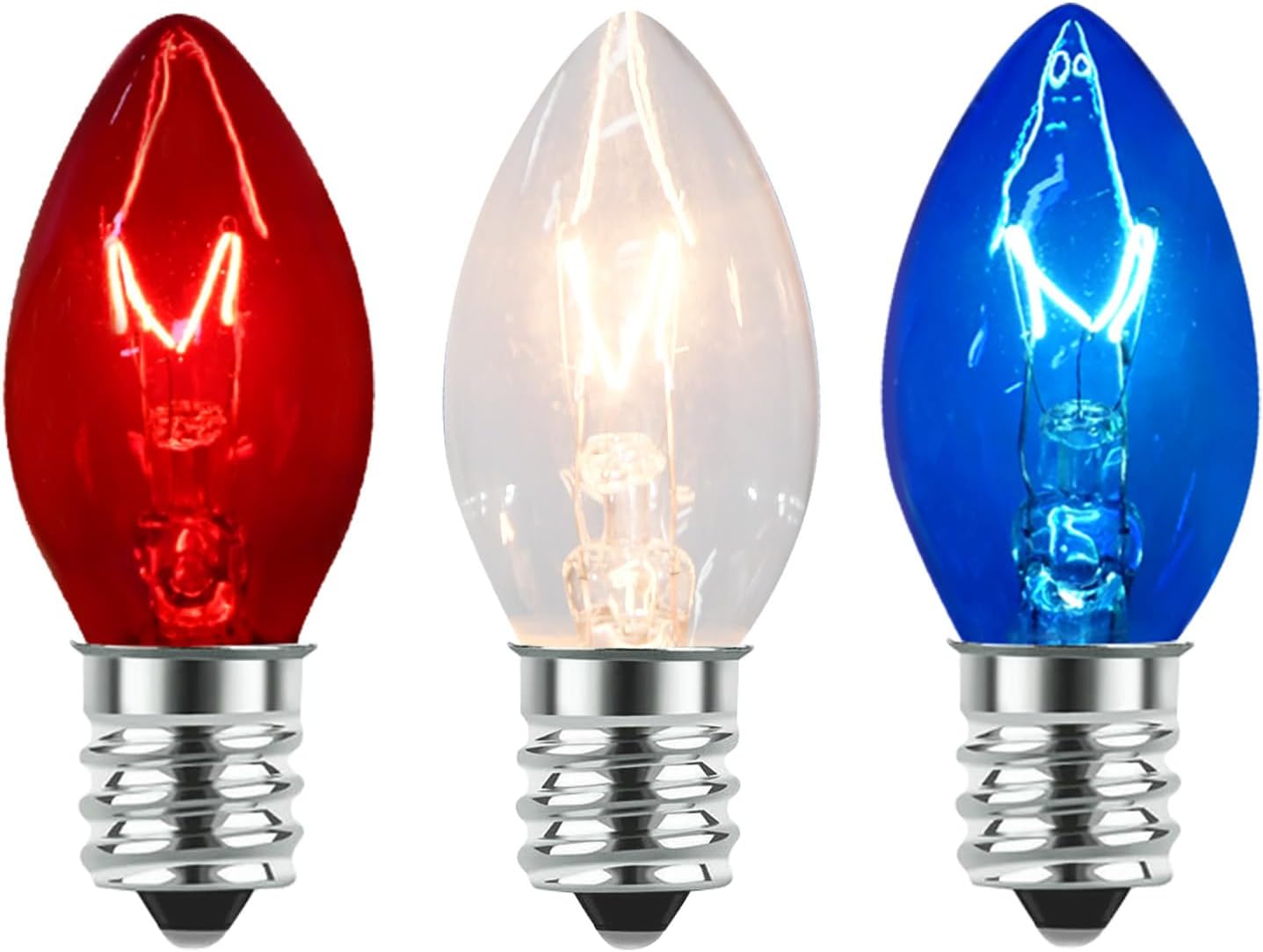 PASUTO 25 Pack C7 Red White and Blue Replacement Light Bulbs Outdoor Waterproof Lights 5w Incandescent for 4th of July String Lights Indoor/Outdoor Memorial Day Independence Day Decorations, E12 Base