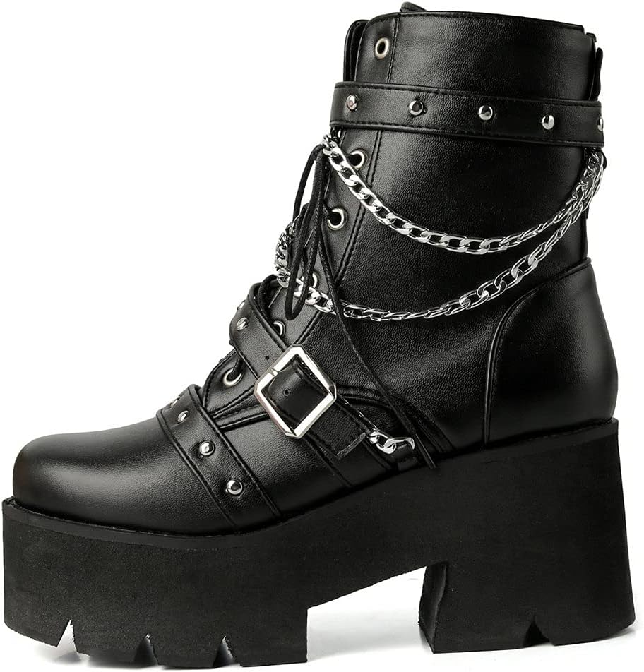 LUXMAX Women Buckle Goth Chunky Platform Ankle Boots Lace Up High Heel Motorcycle Boots with Chain - Image 4