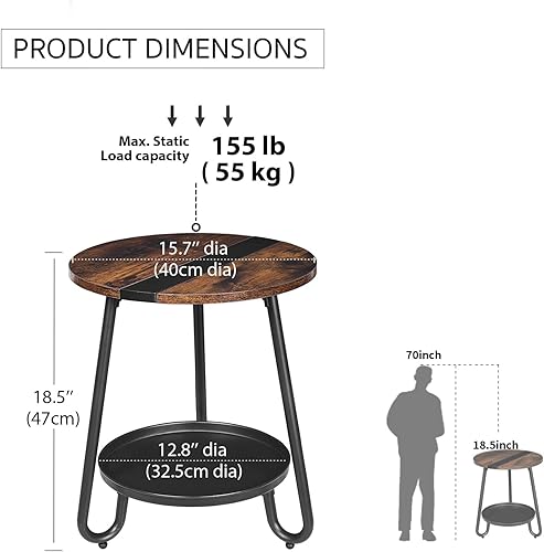 Miniatura 3 de Mesa auxiliar de 2 niveles para sala de estar, mesa de centro redonda de estilo industrial con bandeja de metal, mesa de centro pequeña de madera