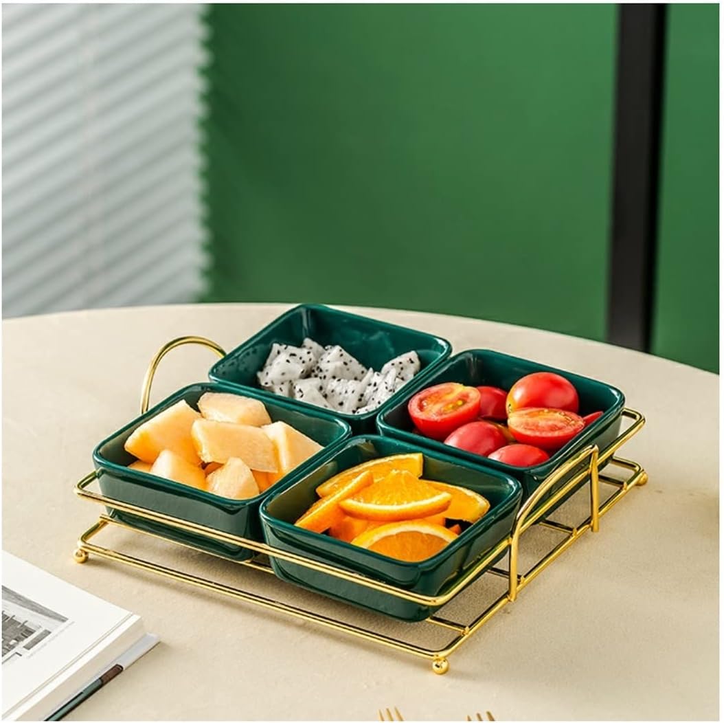 Appetizer Plates Snack Bowls Household Four-compartment Ceramic Plate And Shelf Snack Plate Plate Modern Restaurant Snacks Snacks Candy Dried Fruit Plate Salad Plates Dinner Plates ( Color : Brass
