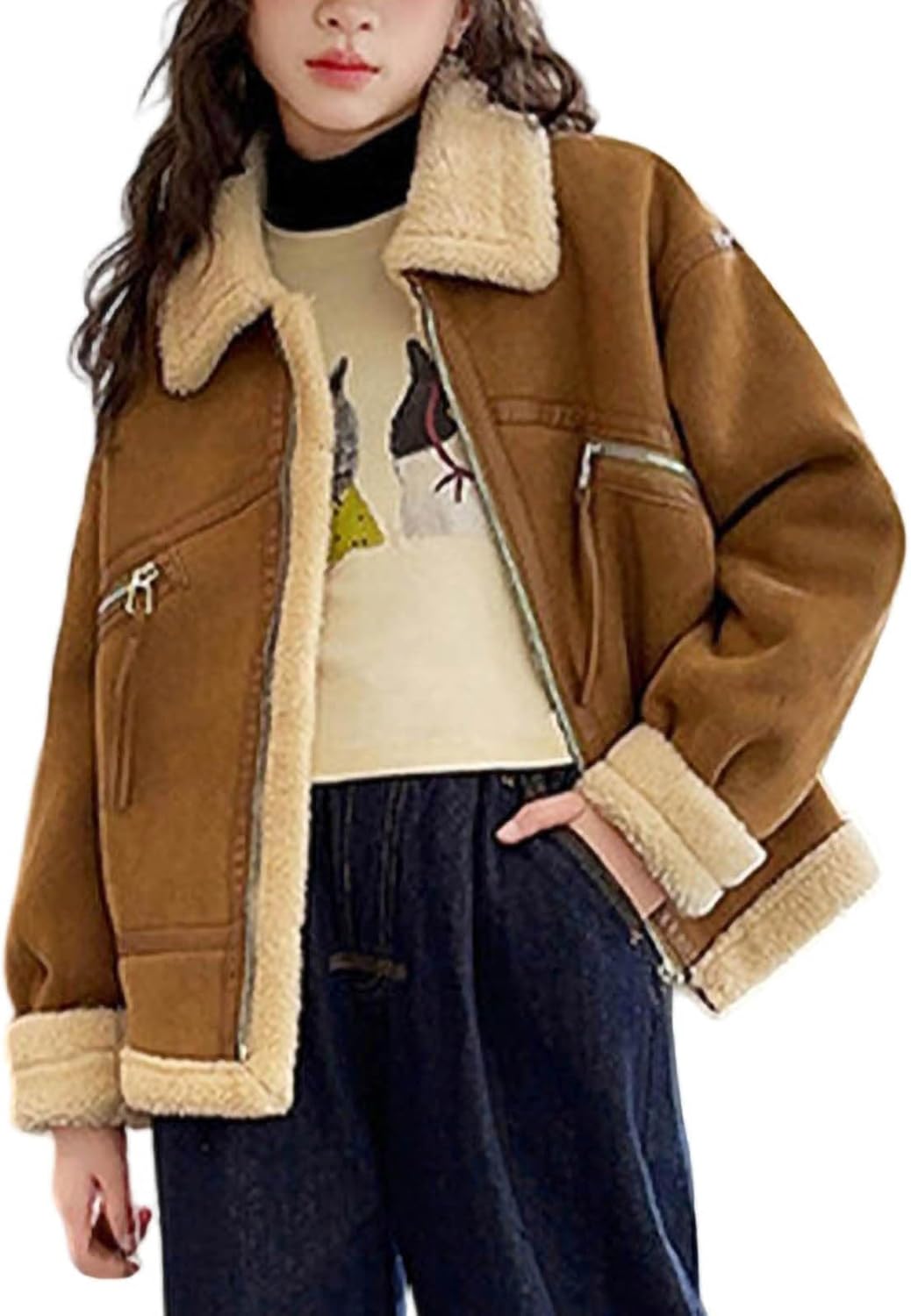 Girl Faux Leather Jackets Fleece Fuzzy Winter Coats Sherpa Lined Jackets Trendy Teen Girls Fur Lapel Zip Up Outerwear