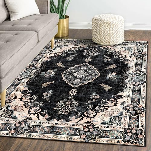 MUJOO 5'x7' Area Rugs Black Washable Boho Rug Non Slip Low-Pile Floral