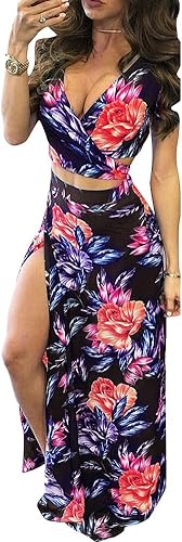 Aro Lora Vestido largo de dos piezas, con cuello en V, abierto al costado y estampado floral, para mujer