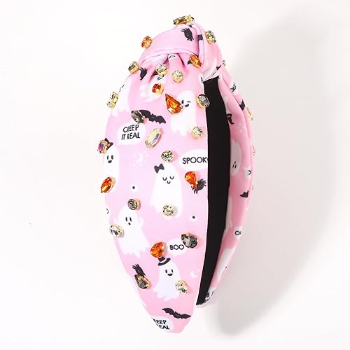 Miniatura 9 de Diademas de Halloween para mujer, color morado, naranja, negro, cristal adornado, diadema anudada, diadema ancha de Halloween, accesorios para el