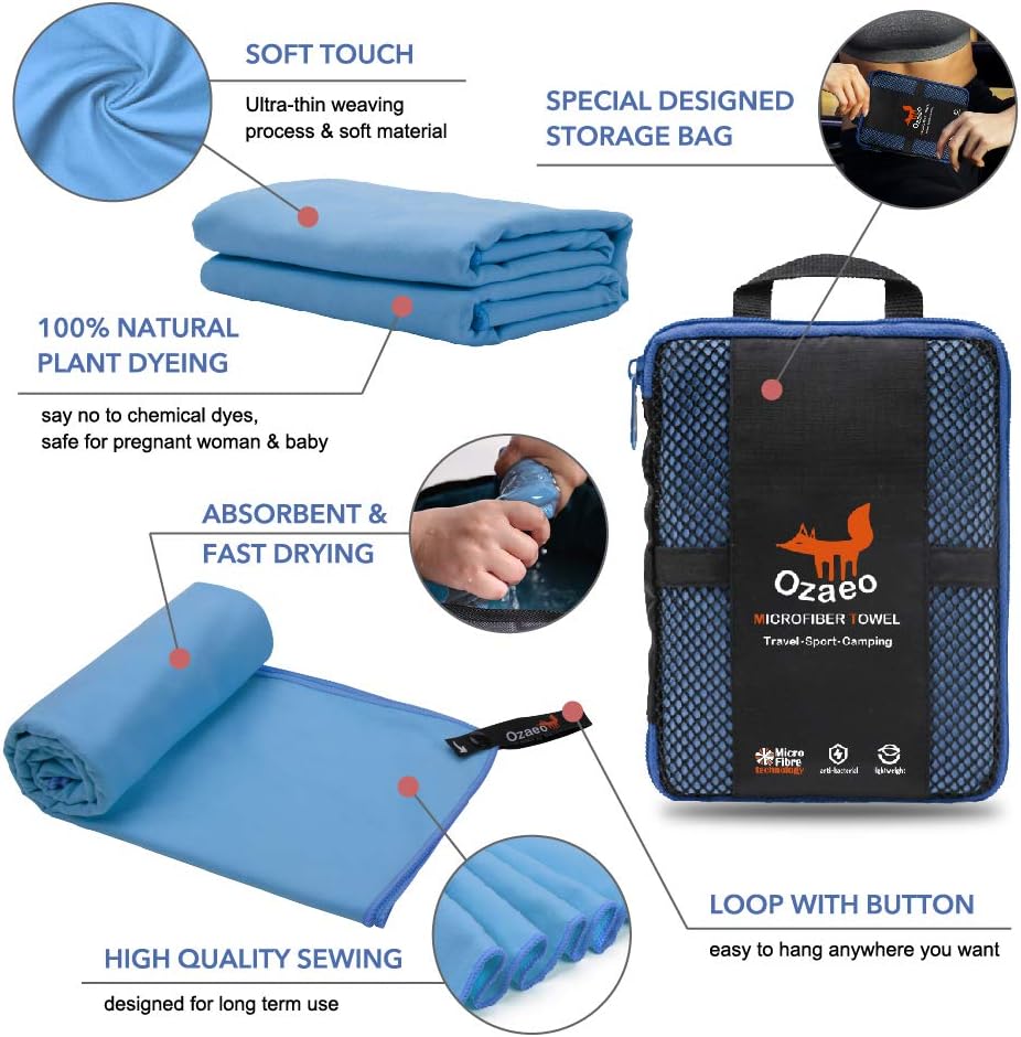 Ozaeo Microfiber Camping Towel Quick Dry Lightweight Travel Gym Towel Super Absorbent Beach Towel for Sports Backpacking Swimming Yoga Cycling Hiking : Sports & Outdoors