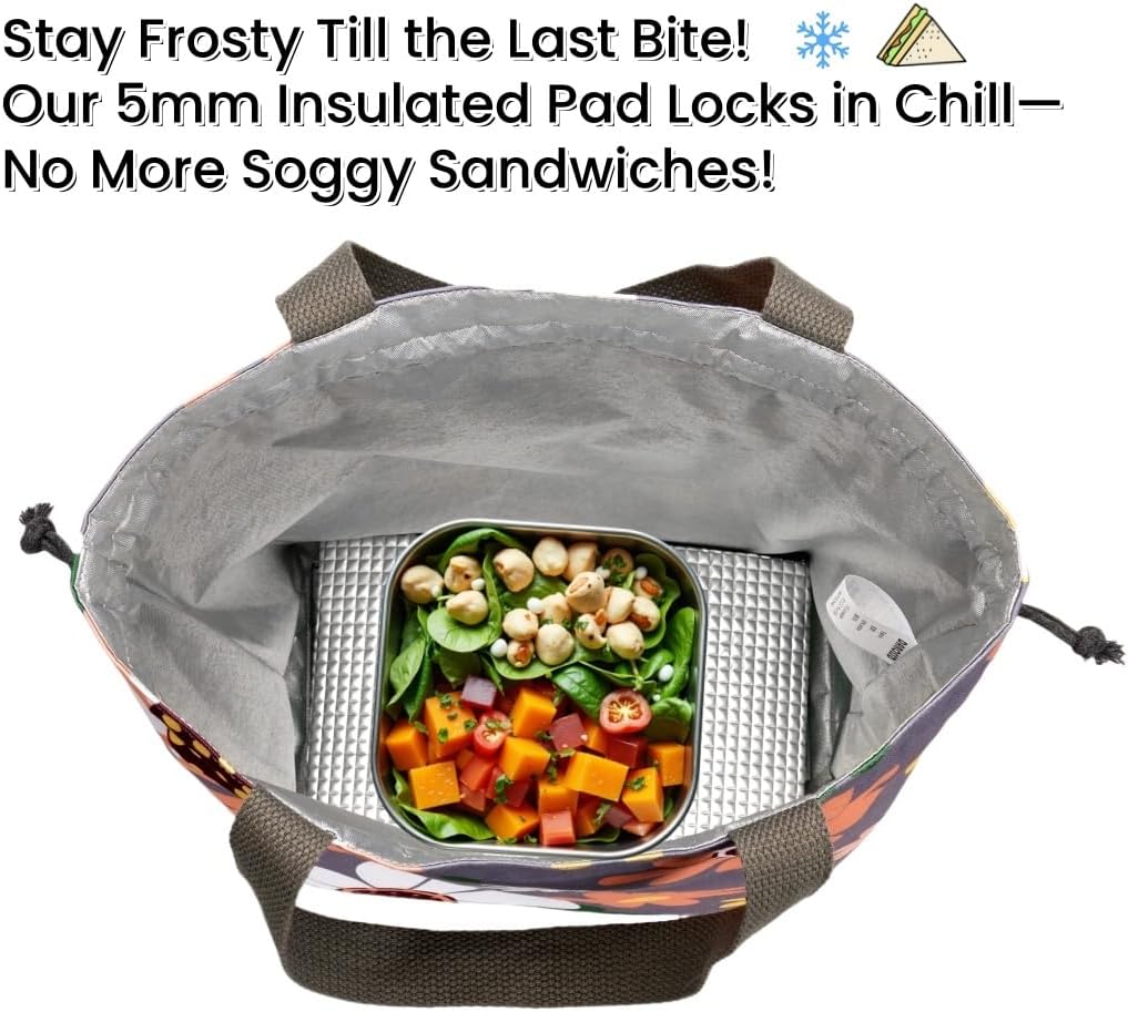 Double-Handle Lunch Bag, Insulated Waterproof Reusable Tote for Women/Students, Fits 2 Bento Boxes + Water Bottle - Ideal for School/Office/Picnic(European Lily) - Image 6