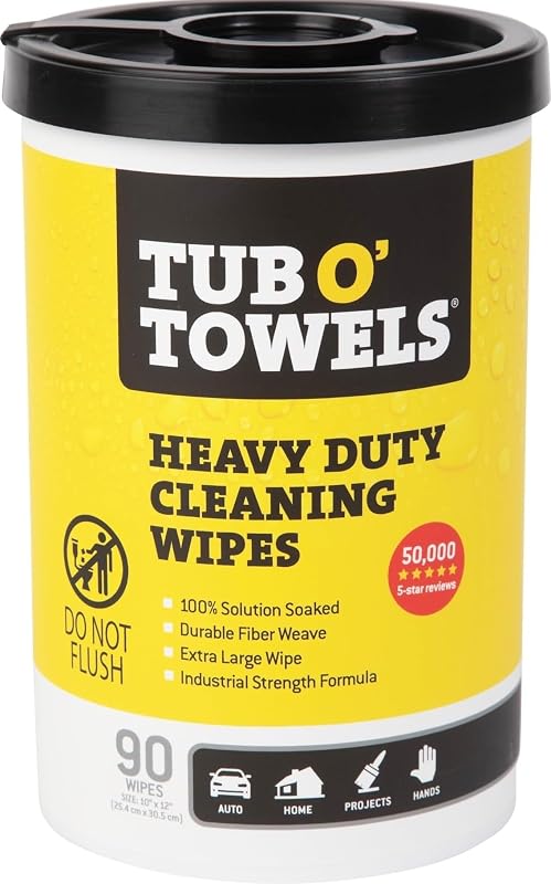 Tub O' Towels Heavy-Duty Multi-Surface Cleaning Wipes – Extra-Large 10" x 12", 90-Count Canister – Removes Grease, Tar, Ink & Tough Stains – Safe for Home, Auto, Garage & More