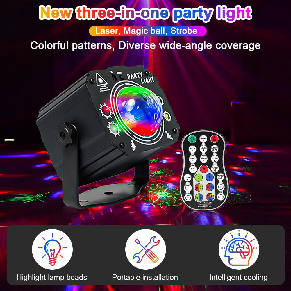 URAQT Luces de Discoteca, Luces de Fiesta, 60 Modos Luz Discoteca RGB Giratoria 360°, Luces Discoteca con Cable USB 2M y Control Remoto Inalámbrico para Casa,Fiesta, Cumpleaños, Bar, Navidad
