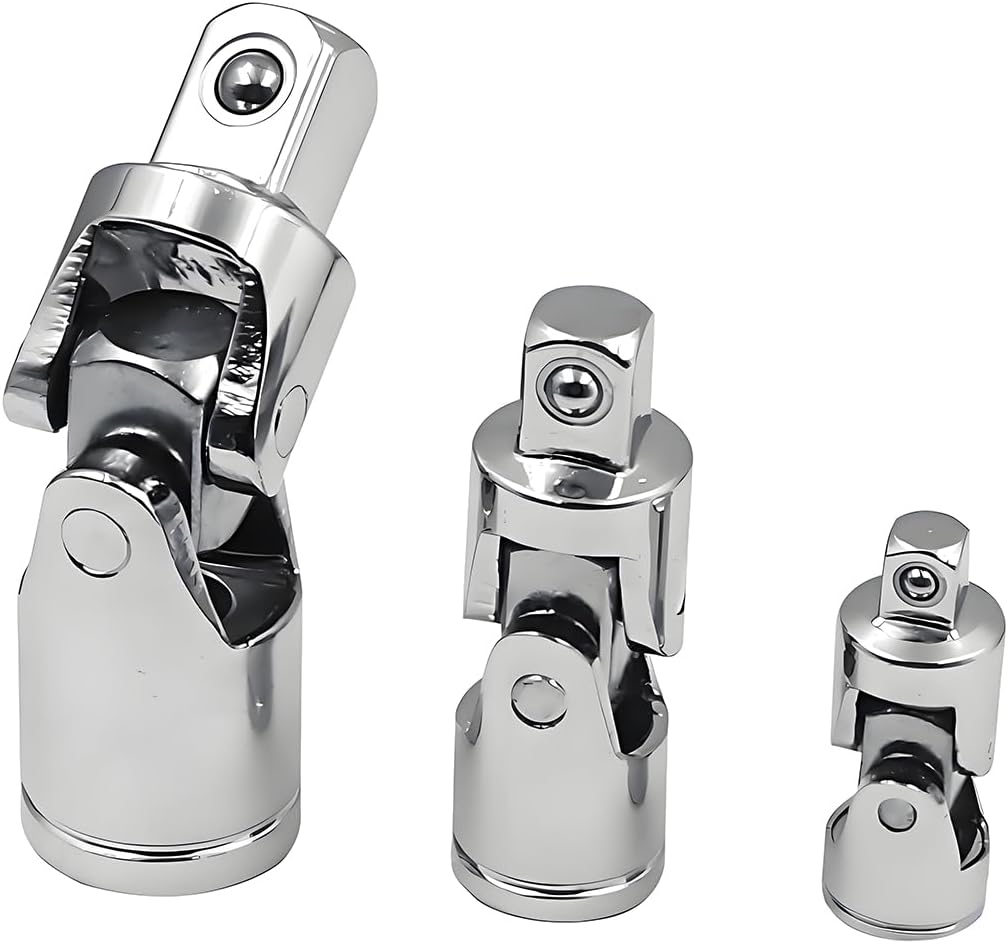 Resze 3PCS Swivel Socket Set (1/4", 3/8", 1/2"), 360° Rotating Chrome-Plated Steel Adapters for Wrenches, Automotive Repair & DIY, Universal Fit Anti-Slip Heavy-Duty Mechanics Tool Kit