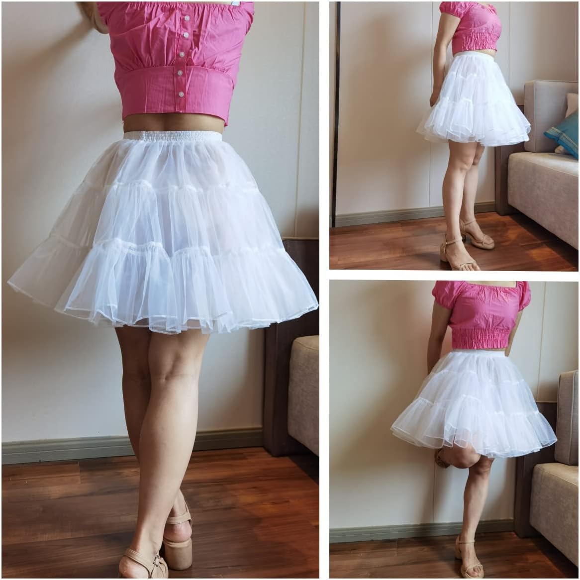 CHERRY LOVE Above Knee Tulle Ruffled Petticoat 50S Vintage Crinoline Underskirt Pleated Flared Skirt