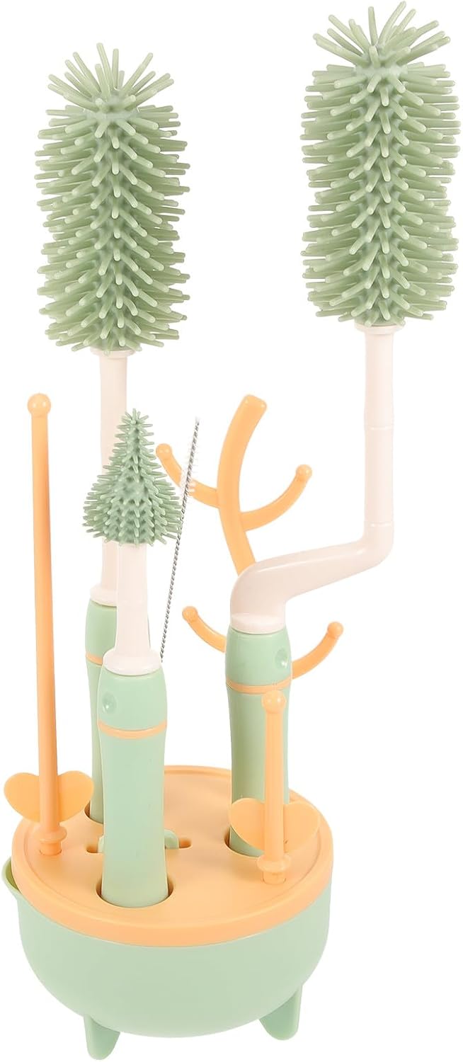 Abaodam Bottle Brush Set with Stand for Milk Bottles and Straws, Multifunctional Cleaner Brush Kit for, Household Cleaning, Green Drying Rack Included