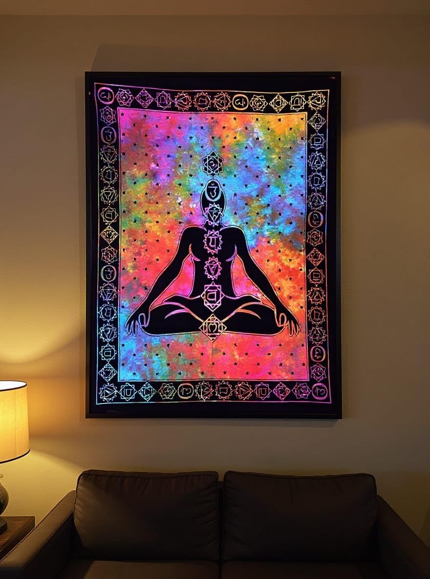 Devanshi art creations Psychedelic Boho Bohemian 7 Chakras Meditating Yoga Wall Hanging Cotton Poster (Multi Colour, 40 X 30 Inches)
