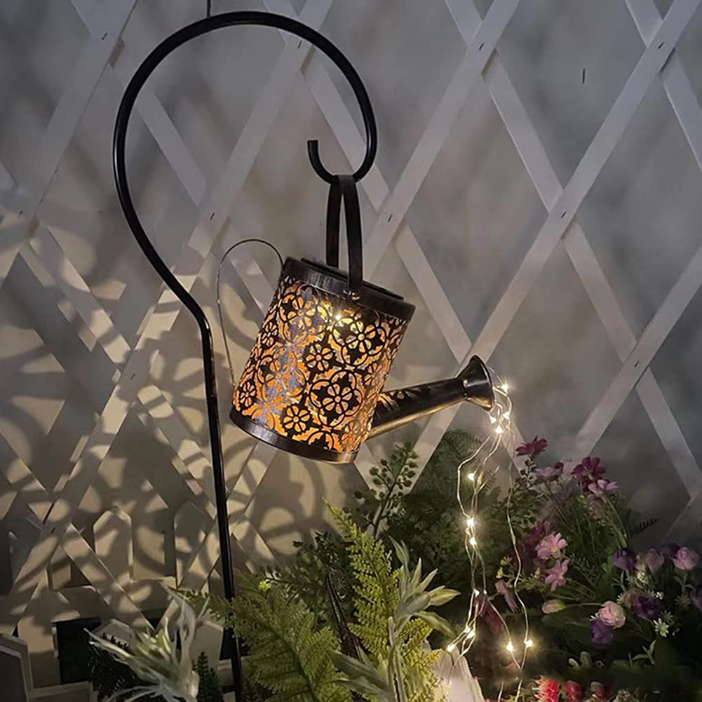 Hollow Star Shower Light, Solar Wrought Iron Lamp, Watering Can Fairy Light, for Yard Garden Pathway Lights (B-with Bracket)