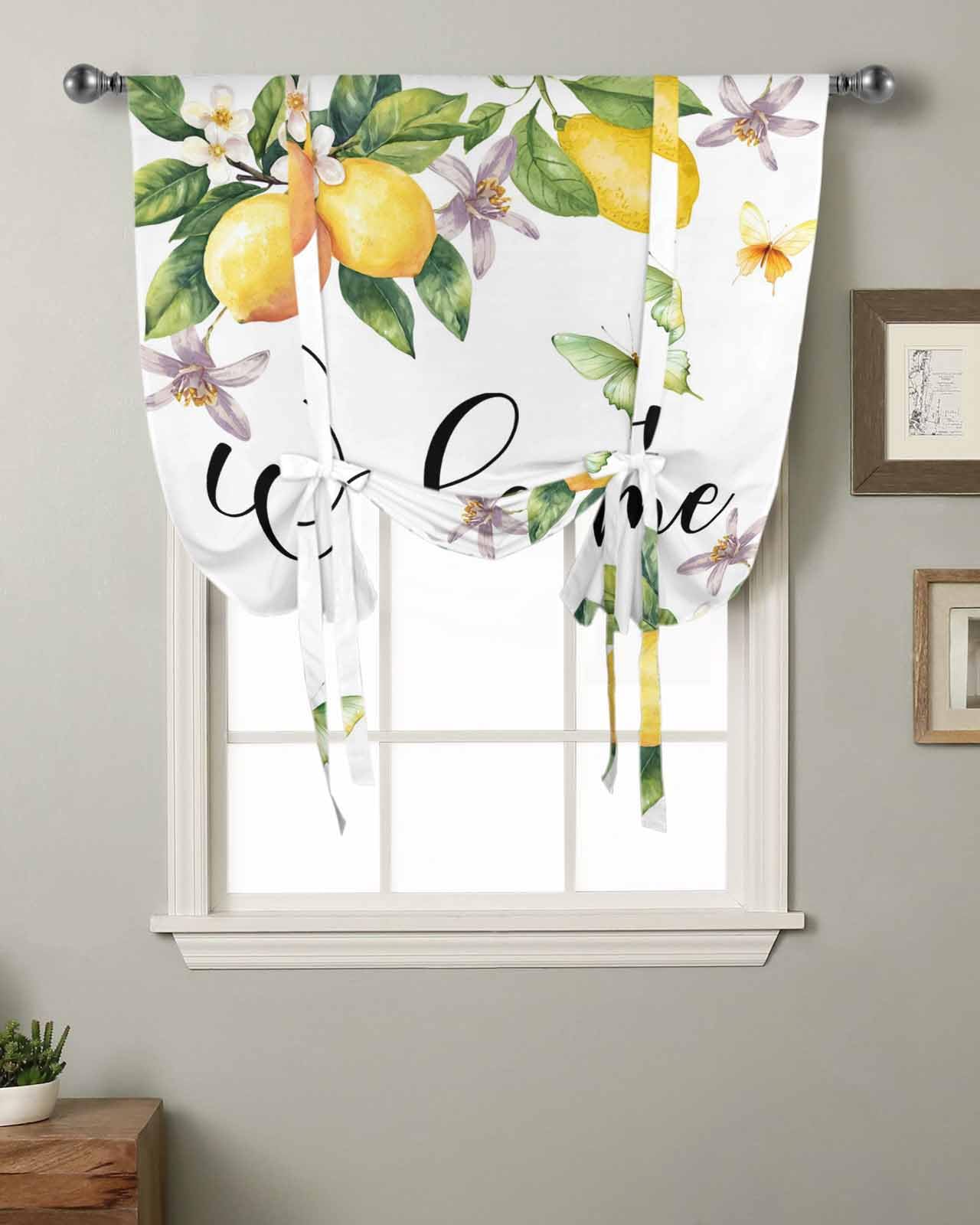 Yellow Lemon Tie Up Curtains for Windows 54 Inch Length Balloon Curtains Kitchen Adjustable Balloon Window Shade Floral Flower Butterfly Watercolor White Tie Up Valance Bathroom Curtain Window 42