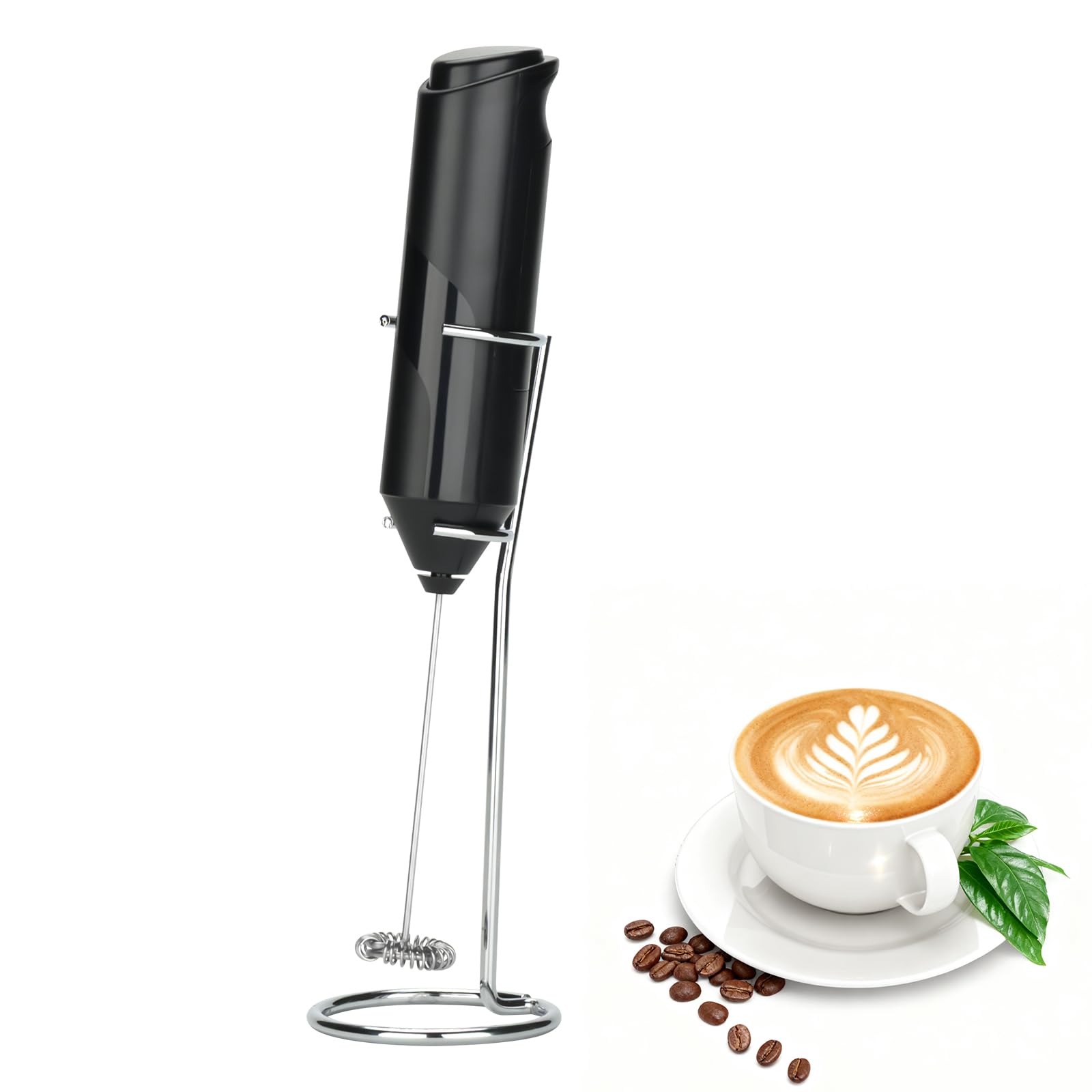 Qeelin Powerful Handheld Milk Frother, Battery-Operated Coffee Frother Wand with Stainless Steel Whisk, 14000RPM Speed Rotation Hand Drink Mixer for Coffee, Cappuccino (Black with Stand)