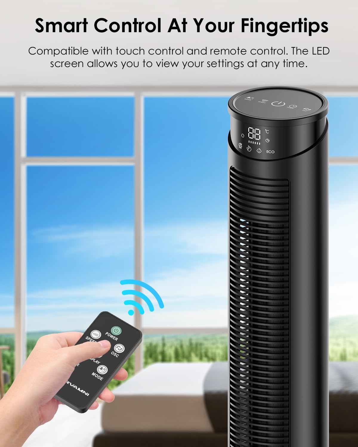 Ventilatore a Torre con Telecomando - Ventilatore a Colonna 8 m/s, Timer 1-12 Ore, 6 Velocità e 5 Modalità (Temperatura Costante ECO), Oscillazione 70° Silenziosa, Basso Consumo Energetico 45 W