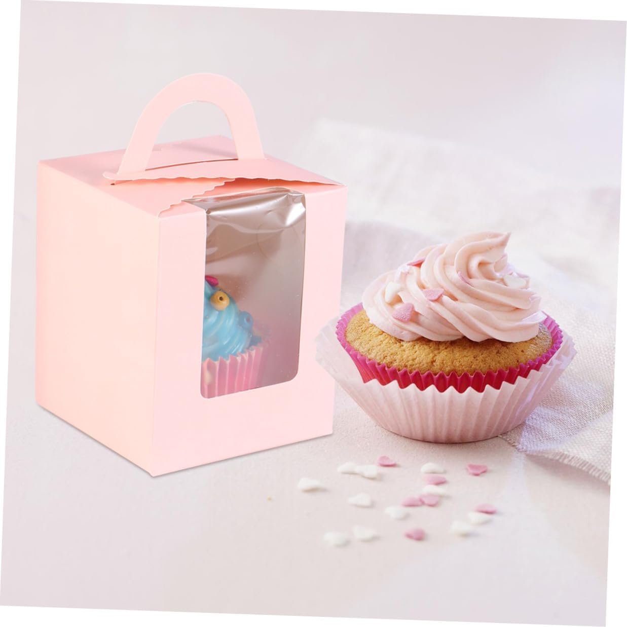 50pcs Pink Cupcake Boxes with Handle and Window Single Paper Muffin Containers Portable Wedding Party Baking Boxes
