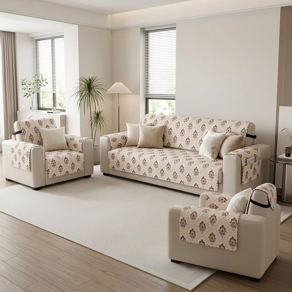 KINGLY Sofa Cover Fully Covered Quilted Velvet Anti Slip Sofa Protector for Living Room Furniture Washable Full Body Sofa Cover 5 Seater (3+1+1) Beige Print-image-33