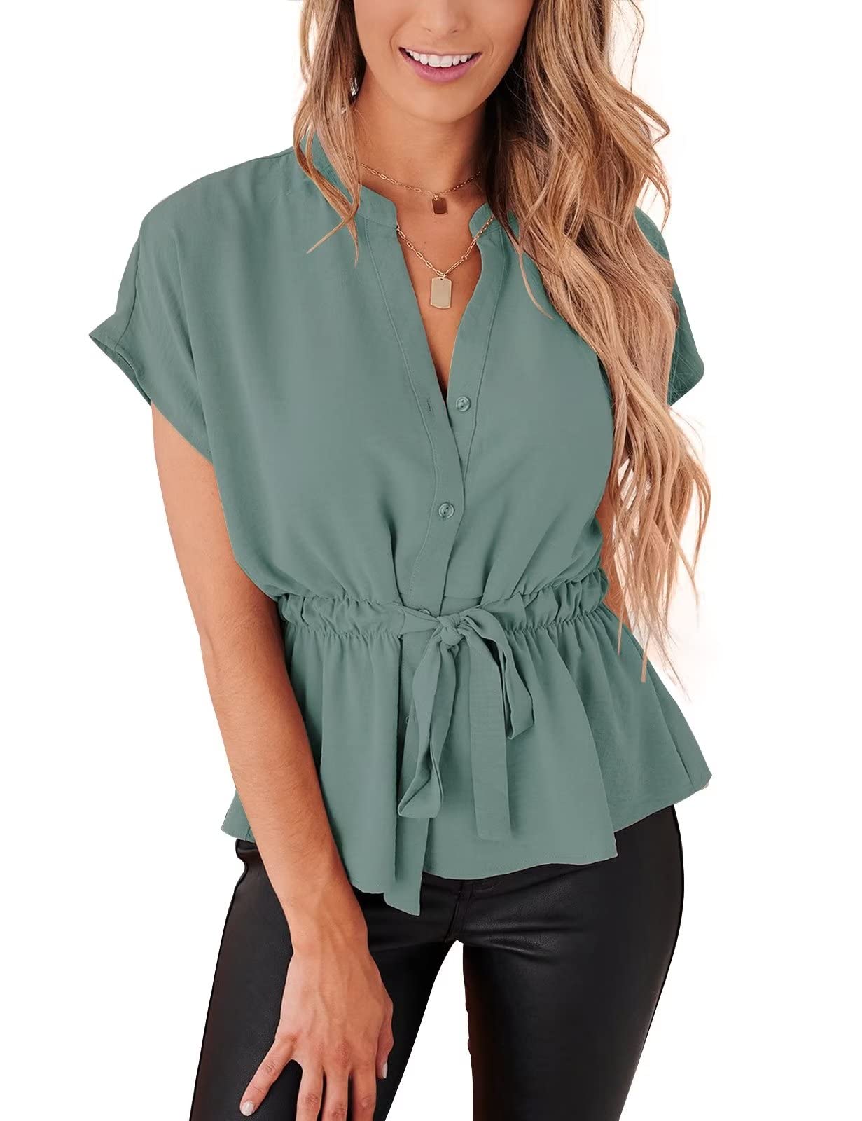 Womens Button Down Blouses Casual Peplum Summer Tops Dressy Chiffon Work Blouse Turquoise