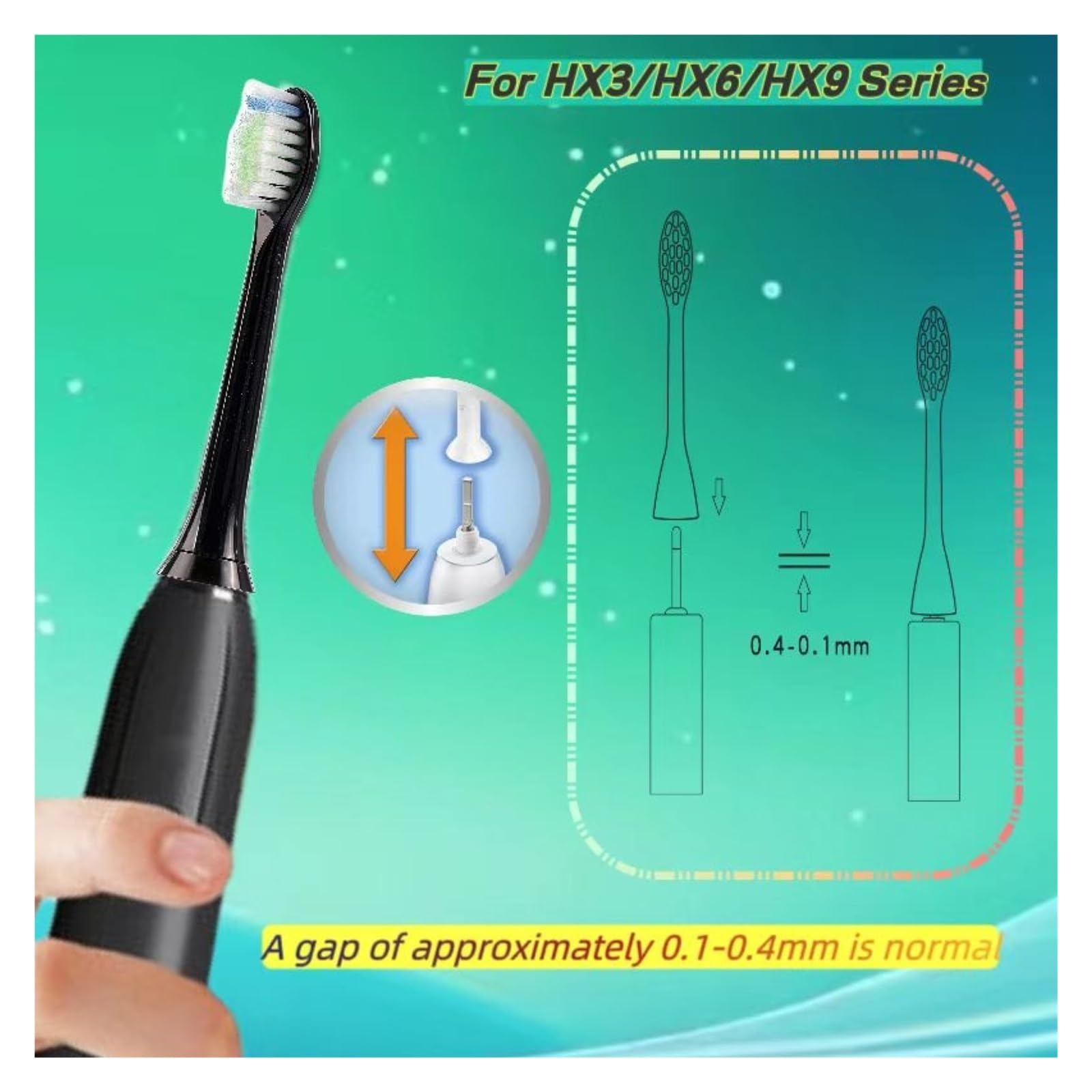 Testina Di Ricambio For Spazzolino Elettrico. Compatibile Con Philips HX3734/03 HX6616/52 HX6616/50 HX6616/51 HX9954(Black brush heads x8)