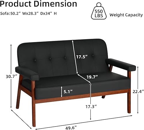 Miniatura 2 de STHOUYN Sofá de oficina pequeño de piel sintética negra de 50 pulgadas de ancho con brazos de madera, sofá biplaza moderno de mediados de siglo,