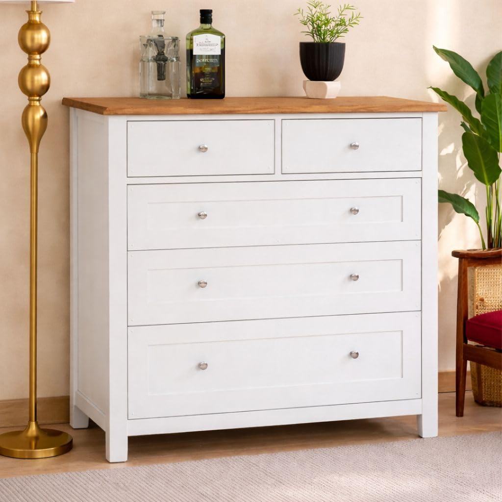 Wooden Chest of Drawer for Bed Room | Dresser for Clothes with 5 Drawers | SheeshamWood, White Matt Finish-image-48