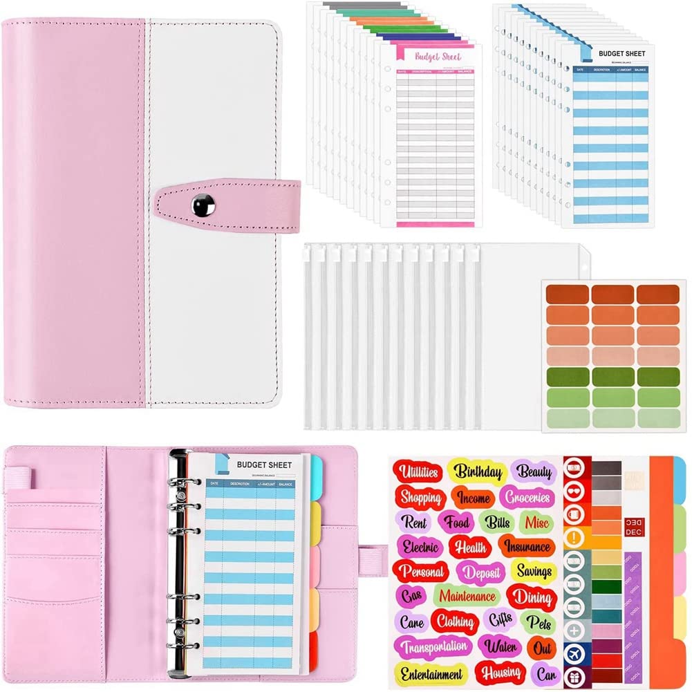 Budgetplanner Budgetband A6 Cash vulling Envelopmethode PU lederen ringband Passbook met folieaccessoires, financiële planner voor geldorganisator, geldbesparende map (zwart