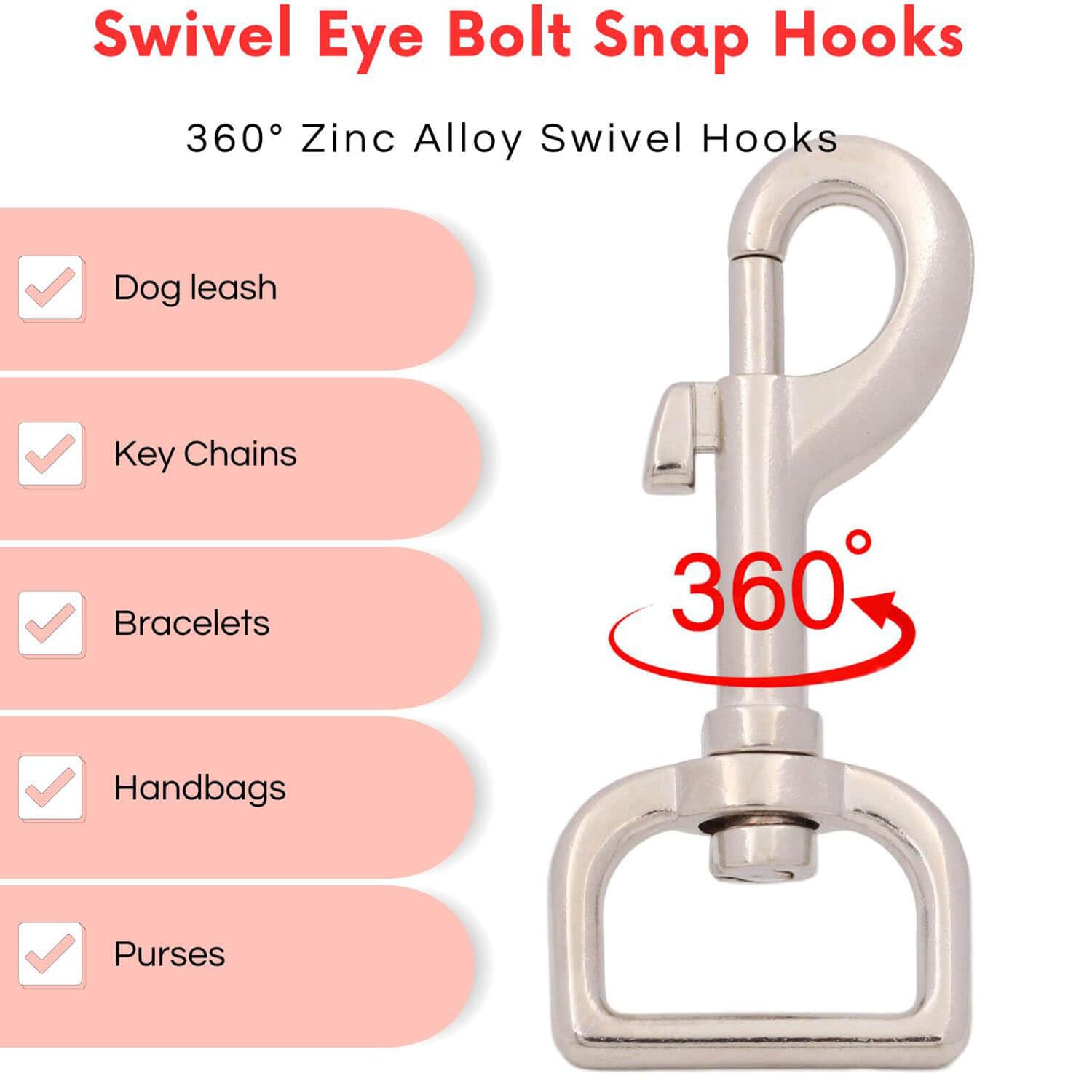BIKICOCO Swivel Bolt Snap, Trigger Hook Clips Lobster Claw Clasp, 1'' D-Ring Ended, for Pet Leash, Key Chains, Silver - Pack of 8