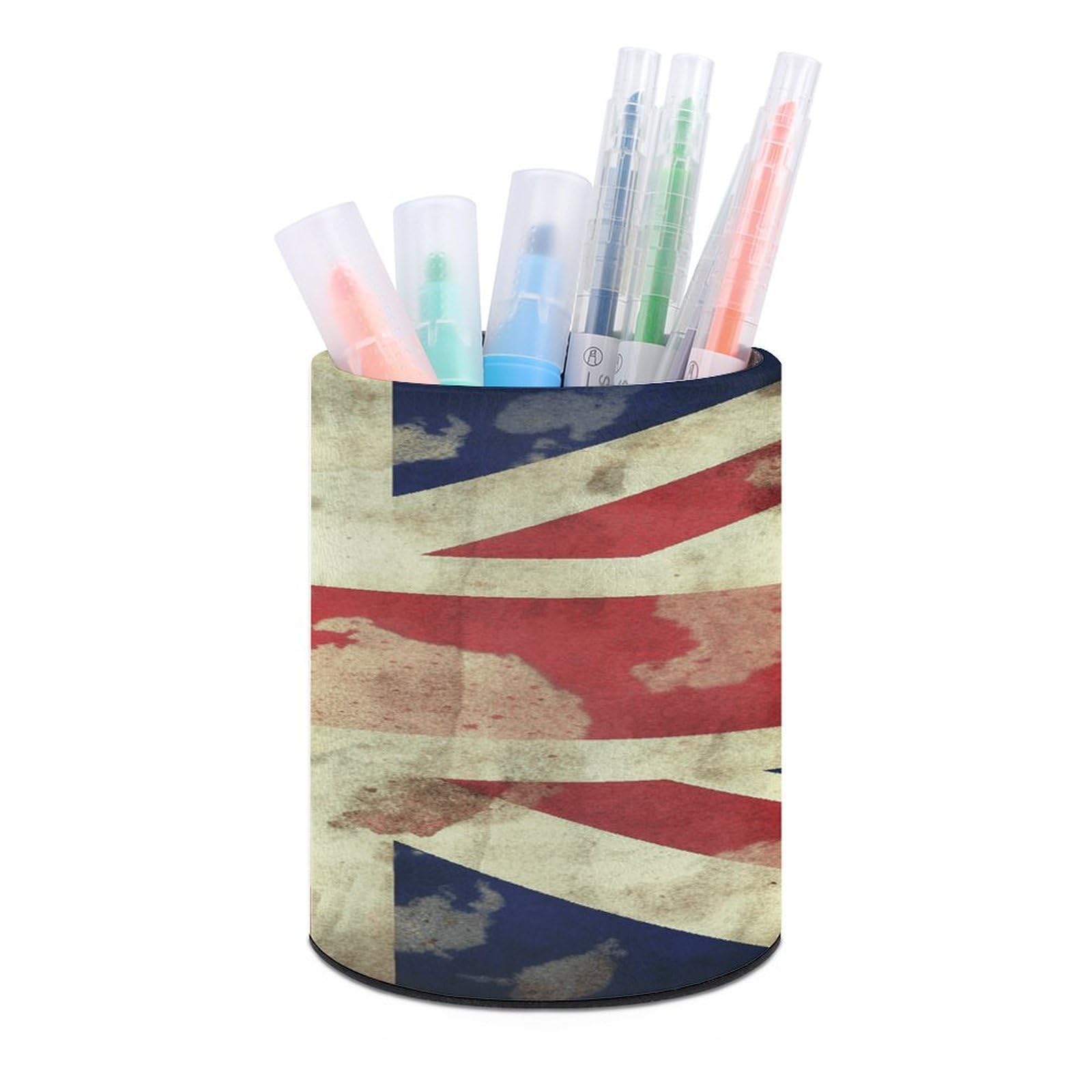 VstaDank Vintage Union Jack British Flag Pen Holder PU Leather Pencil Cup Minimalist Desk Pencil Holder Round Make Up Brush Organizers For Office Dorm Room&Vanity Desk Accessories