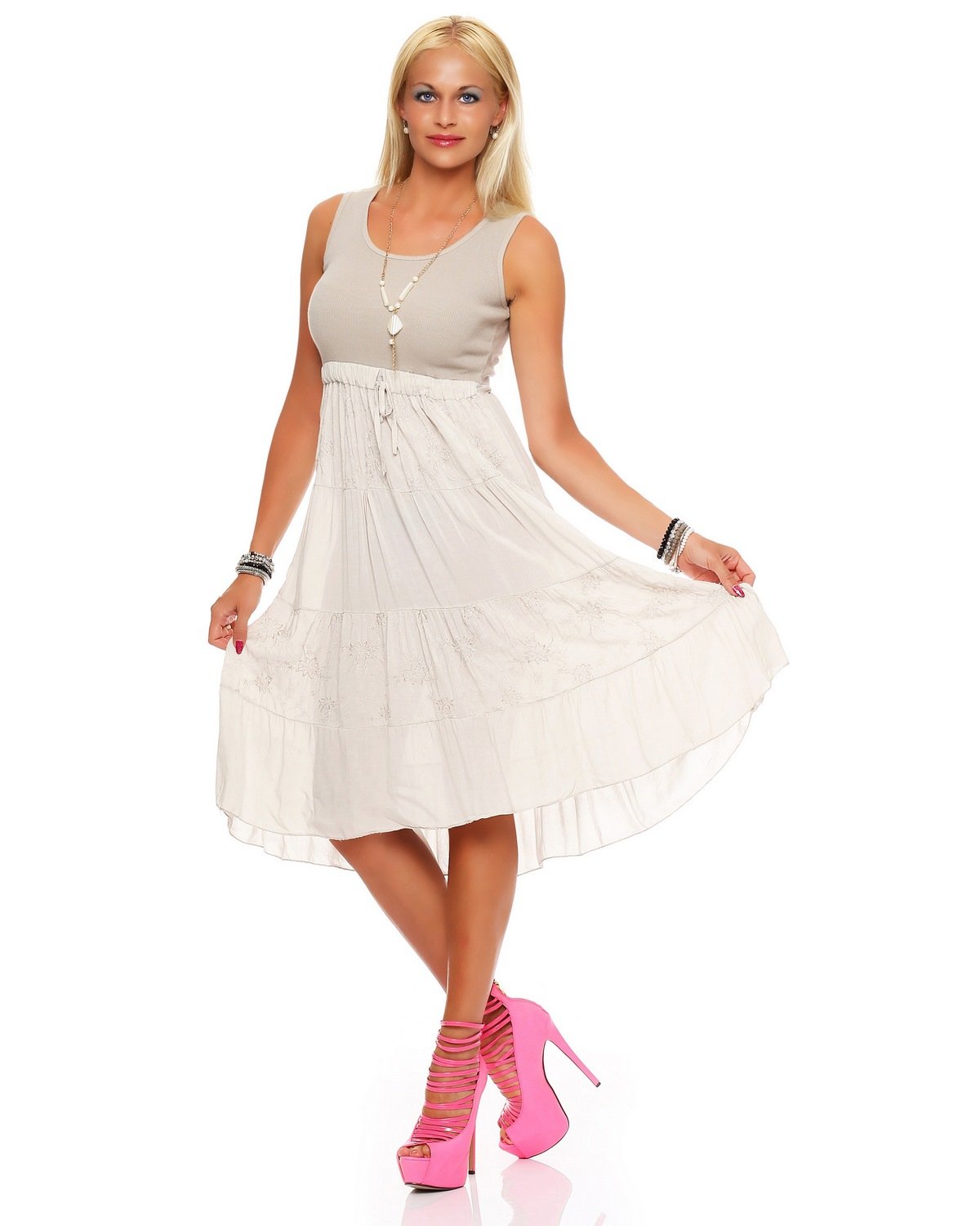 Zarmexx Damen Sommerkleid Volant langes Empire Kleid knielanges Strandkleid