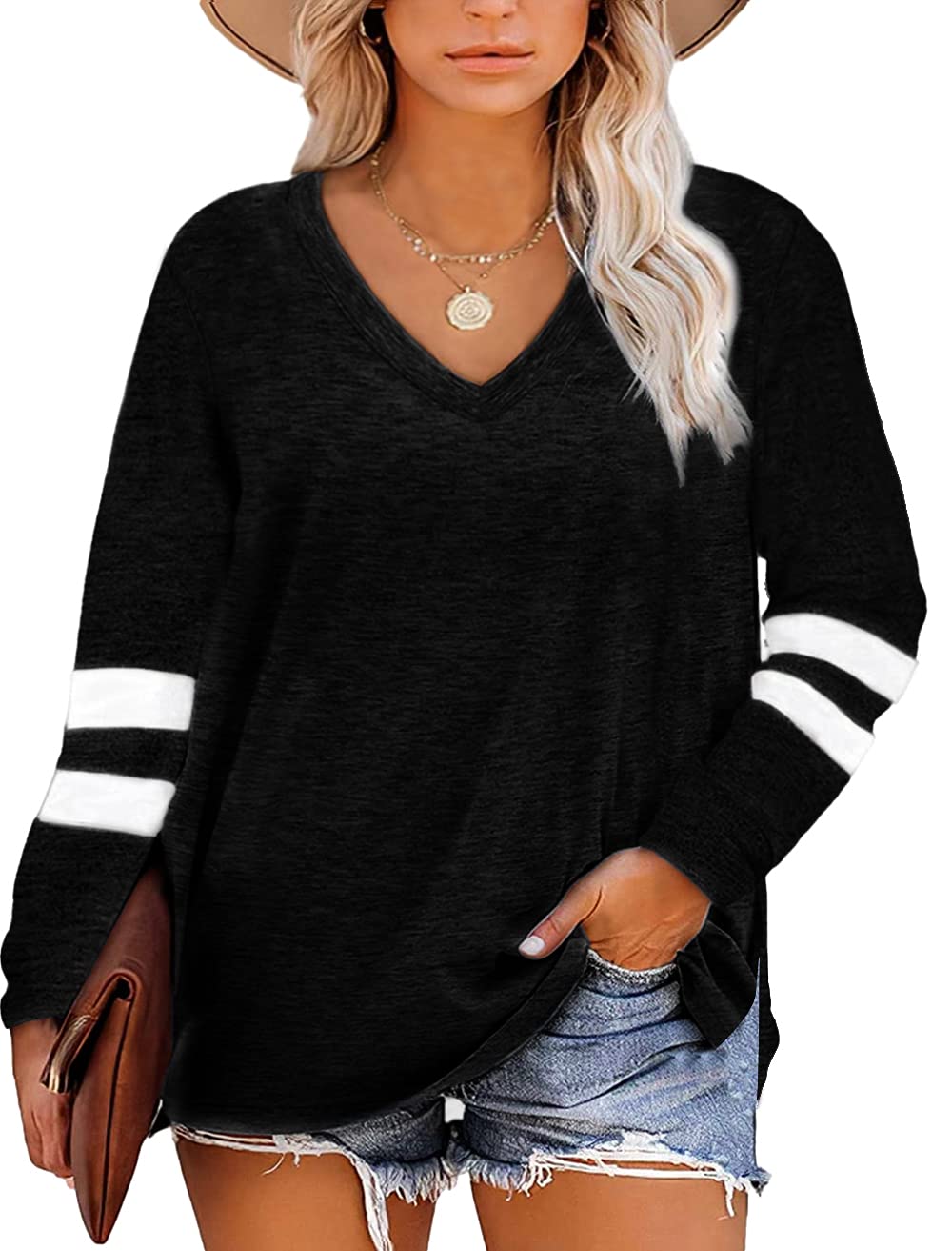 Gloria&SarahWomens Plus Size Tops V Neck T Shirt Color Block Long Sleeve Casual Tunic Tops